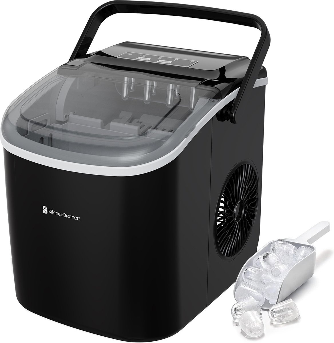 rfelbereiter günstig Kaufen-KitchenBrothers Eiswürfelbereiter - 1.2L - 7-10 min. - 12kg/24h - Tragbar mit Handgriff - Eiswürfelbereiter mit Eisportionierer - Schwarz. KitchenBrothers Eiswürfelbereiter - 1.2L - 7-10 min. - 12kg/24h - Tragbar mit Handgriff - Eiswür