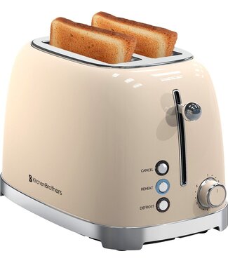 KitchenBrothers KitchenBrothers Retro-Toaster - 6 Heizstufen - 2 extra breite Schlitze - 1630W - Aufwärm- und Auftaufunktion - Beige