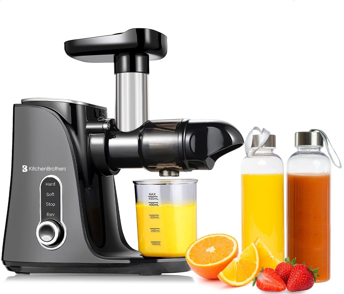 KitchenBrothers Slowjuicer - Entsafter - 4 Ständer - 450ml - Inkl. Reiseflasche und Rezeptbuch - Gra