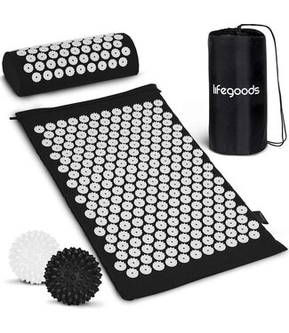 LifeGoods LifeGoods Akupressurmatte mit Kissen - Shakti Matte - Nagelmatte inkl. 2x Triggerpunkt Ball - 66x40x2cm - Schwarz/Weiß