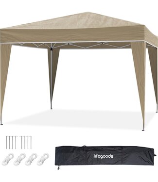 LifeGoods LifeGoods Partyzelt - Pavillon - 3x3 m - leicht aufbaubar - faltbar - wasserdicht - Tragetasche mit Rädern - Beige