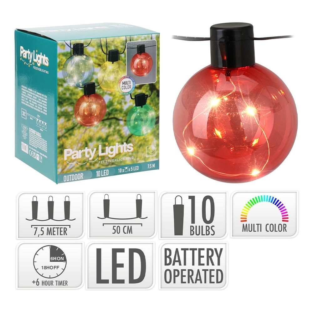 Party-Lichterkette 10 Lichter mit 5 LEDs INCL Timer - Mehrfarbig -7,5 Meter