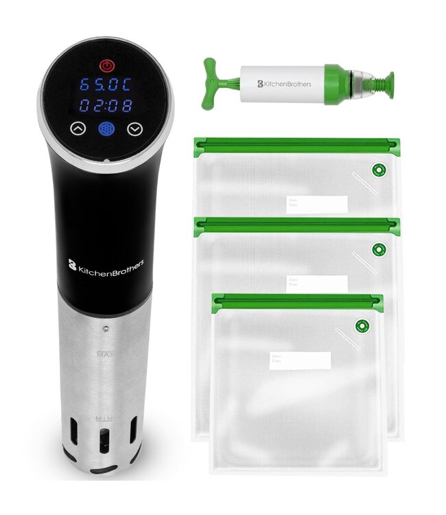 KitchenBrothers Sous Vide Stick - Komplettset - bis zu 95°C - 1200W - Schwarz/RVS