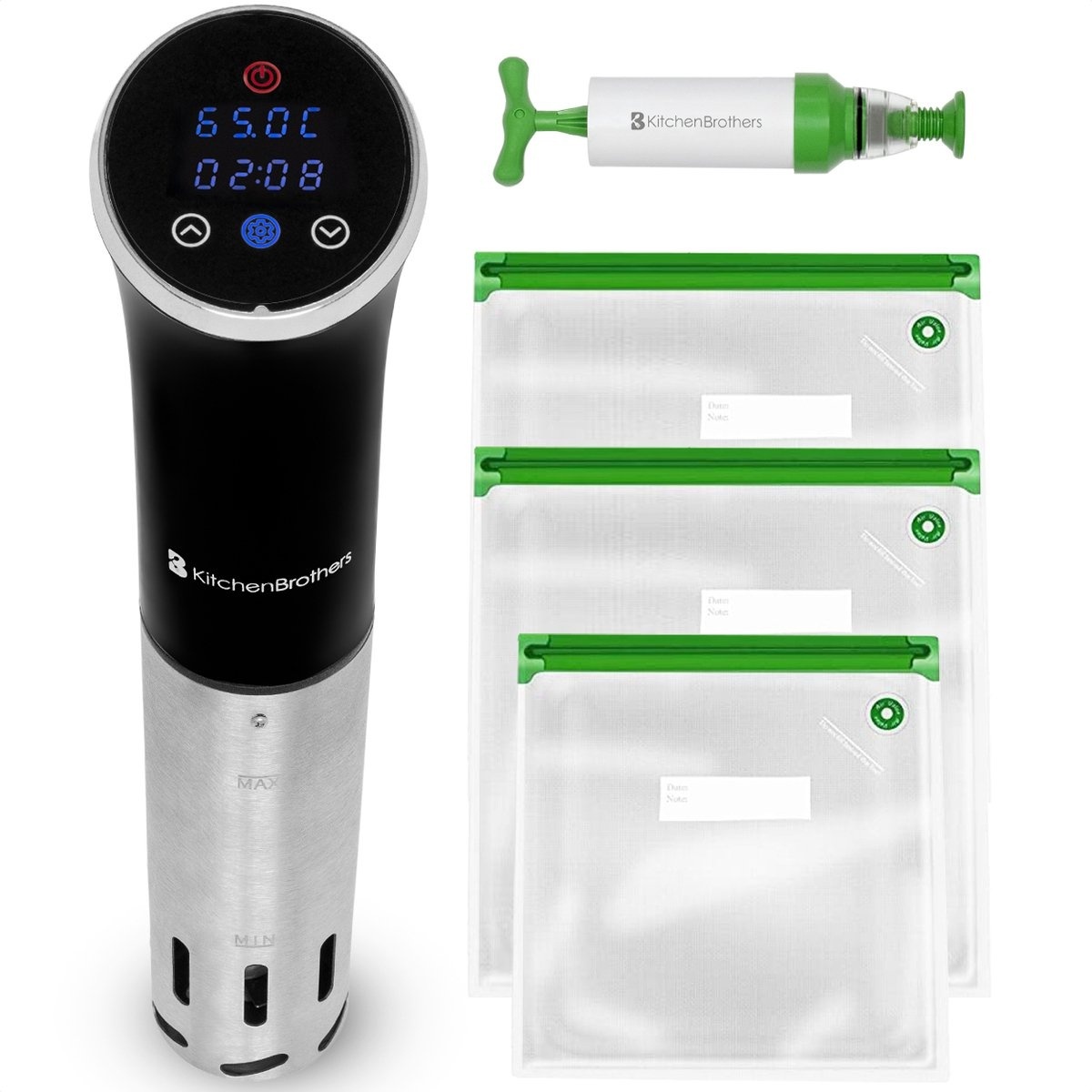 zu 5  günstig Kaufen-KitchenBrothers Sous Vide Stick - Komplettset - bis zu 95°C - 1200W - Schwarz/RVS. KitchenBrothers Sous Vide Stick - Komplettset - bis zu 95°C - 1200W - Schwarz/RVS <![CDATA[Mit dem Sous-Vide-Set von KitchenBrothers können Sie saftigstes Fleisc