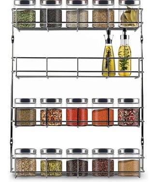 KitchenBrothers KitchenBrothers Hängendes Gewürzregal für 32 Gewürzdosen - Gewürzregal - Küchenregal - Gewürzorganisator - Gewürzaufbewahrung - 4 Schichten - 40 x 6,3 x 50 cm - Edelstahl