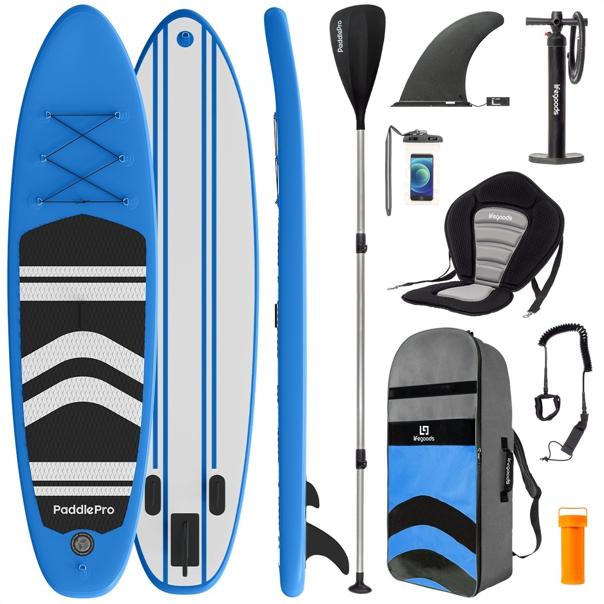 LifeGoods SUP Board - mit Sitz - Aufblasbares Paddle Board - Komplettset - Max. 135KG - 320x81cm - B