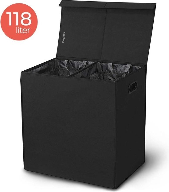 LifeGoods Wäschekorb - 2 Fächer mit Deckel - faltbar - 120 L - Wäschesortierer - Stoff - Schwarz