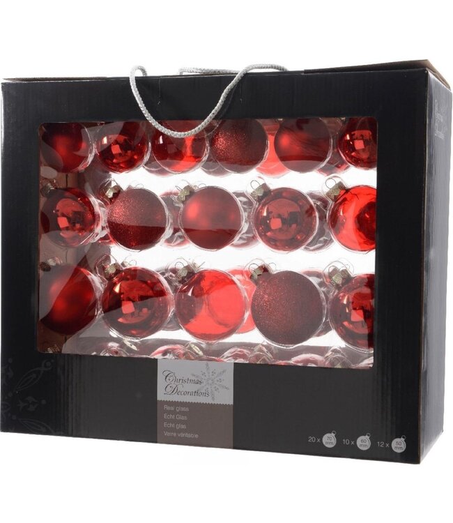 Decoris Weihnachtskugeln Glas Mix - Christbaumschmuck - Ø5-7 cm Rot 42 Stück