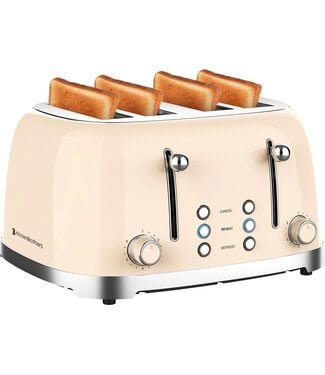 KitchenBrothers KitchenBrothers Retro-Toaster - 6 Heizstufen - 4 extra breite Schlitze - 1630W - Aufwärm- und Auftaufunktion - Beige