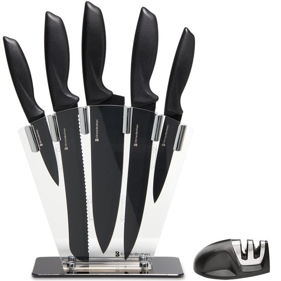 Das Messer günstig Kaufen-KitchenBrothers Messerset - Messerblock - 7-teilig - mit Messerschärfer - Schwarz. KitchenBrothers Messerset - Messerblock - 7-teilig - mit Messerschärfer - Schwarz <![CDATA[Kochen Sie auch gerne mit gutem Werkzeug? Dann darf das 7-teilige Messe
