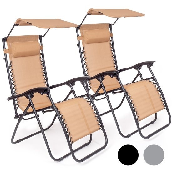 Verstellbar,Fahrradlenker günstig Kaufen-LifeGoods Faltbare Gartenstühle - mit Sonnendach - Verstellbarer Sonnenschirm - 2 Stück - 30°-90° verstellbar - Metall - Beige. LifeGoods Faltbare Gartenstühle - mit Sonnendach - Verstellbarer Sonnenschirm - 2 Stück - 30°