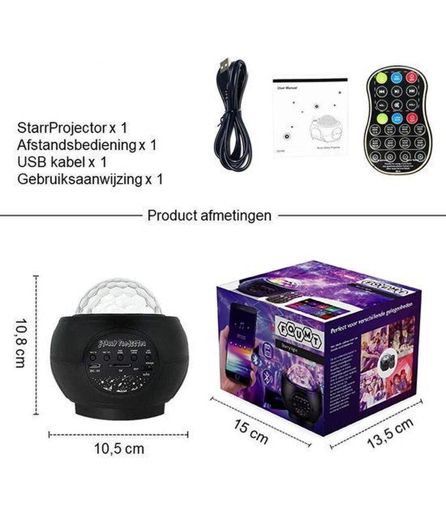 Foumt Starry - Sternenprojektor - Galaxy-Projektor - Sternenprojektor - Musikbox mit Bluetooth- und USB-Funktion - Schwarz