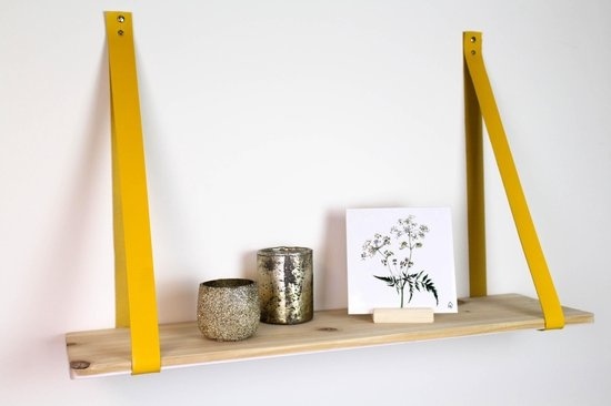 8719497525270 - Wandregal Holz - mit gelben Kunstleder-Wandriemen 8719497525270 - Wandregal Holz - mit gelben Kunstleder-Wandriemen