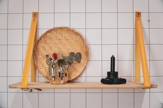 8719497525270 - Wandregal Holz - mit gelben Kunstleder-Wandriemen 8719497525270 - Wandregal Holz - mit gelben Kunstleder-Wandriemen