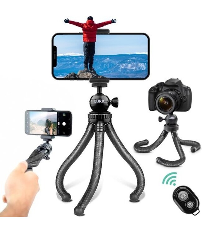 LURK® 3 in 1 Flexibles Octopus-Stativ Stativ für Smartphone & (Action-)Kamera - Inkl. Telefonklemme und Bluetooth-Fernbedienung - 25 cm