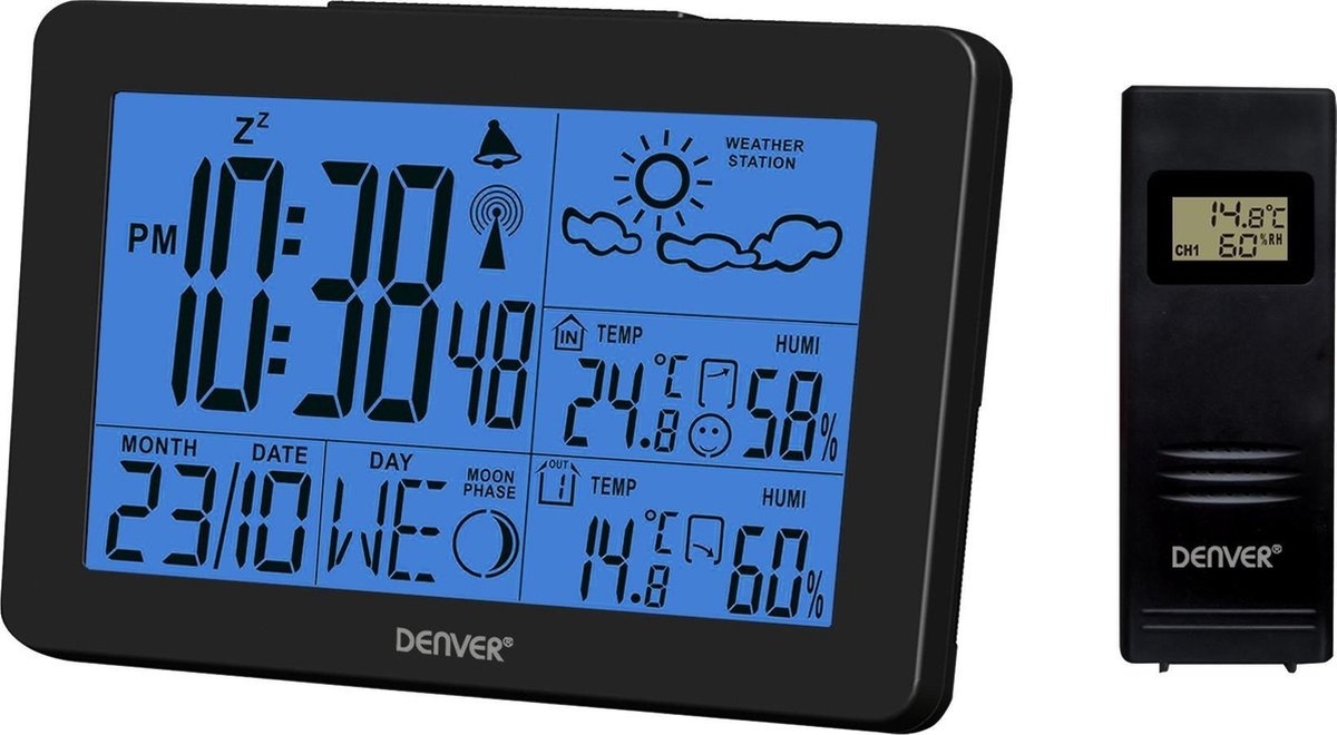 Funk Wetterstation günstig Kaufen-Denver WS-530 Schwarz - Wetterstation mit Alarmfunktion - Innen- und Außenbereich - Luftfeuchtigkeitsmesser - Indikator für offene Fenster - Schwarz. Denver WS-530 Schwarz - Wetterstation mit Alarmfunktion - Innen- und Außenbereich - Luftfe