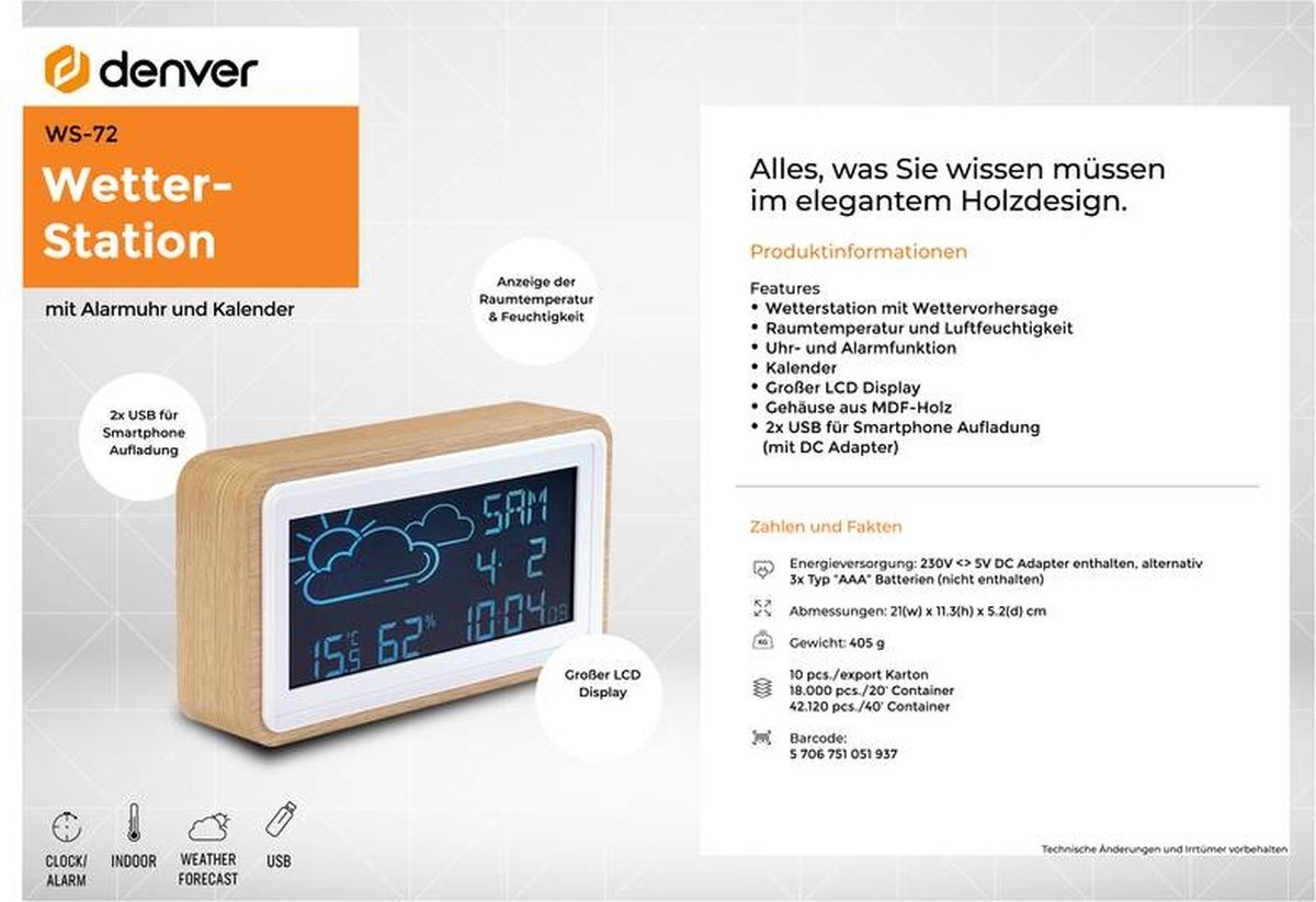 5706751051937 - WS-72   Wetterstation mit Wecker   Datum   Temperatur - und Luftfeuchtigkeit   USB für Smartphone   Holz