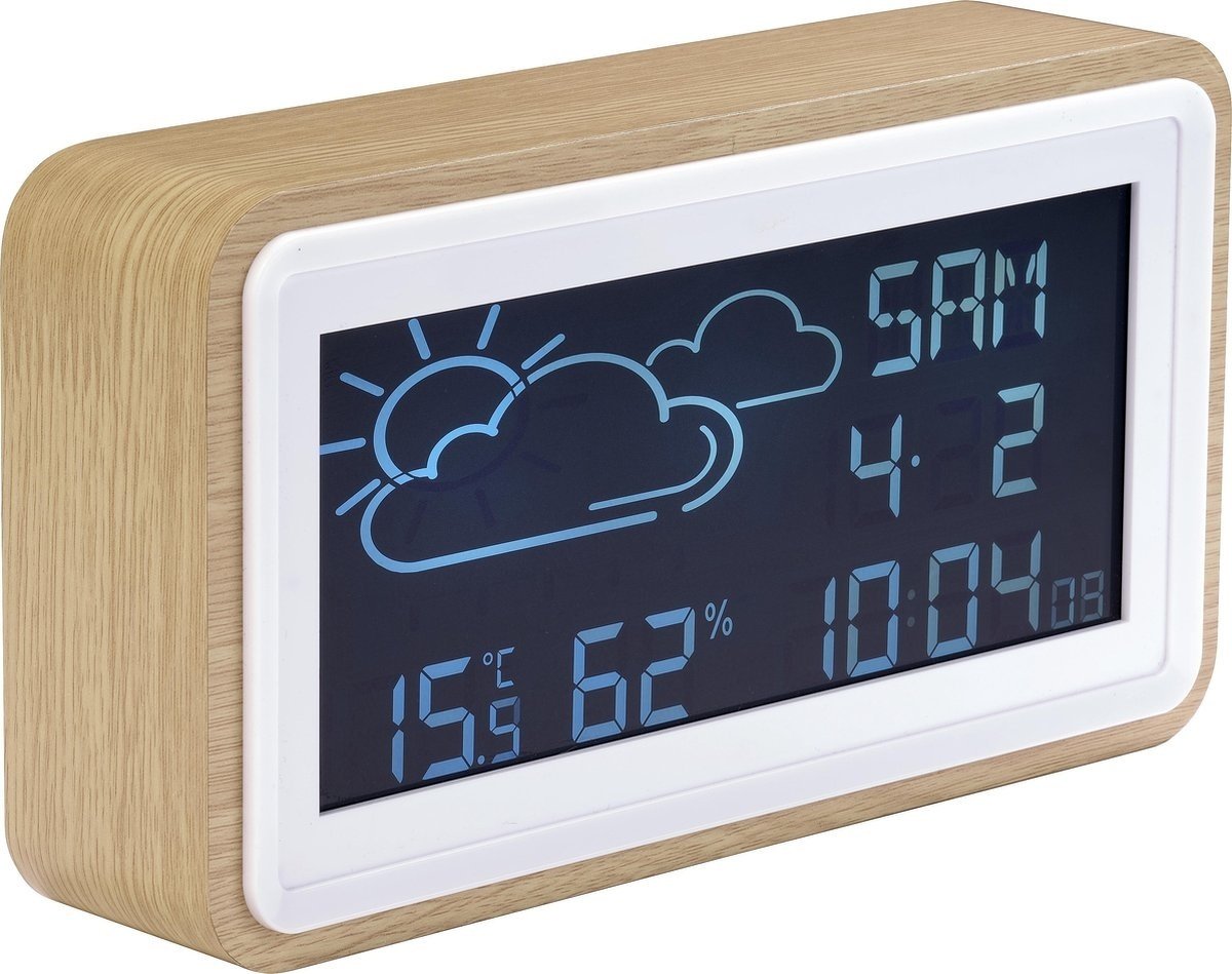 5706751051937 - WS-72   Wetterstation mit Wecker   Datum   Temperatur - und Luftfeuchtigkeit   USB für Smartphone   Holz