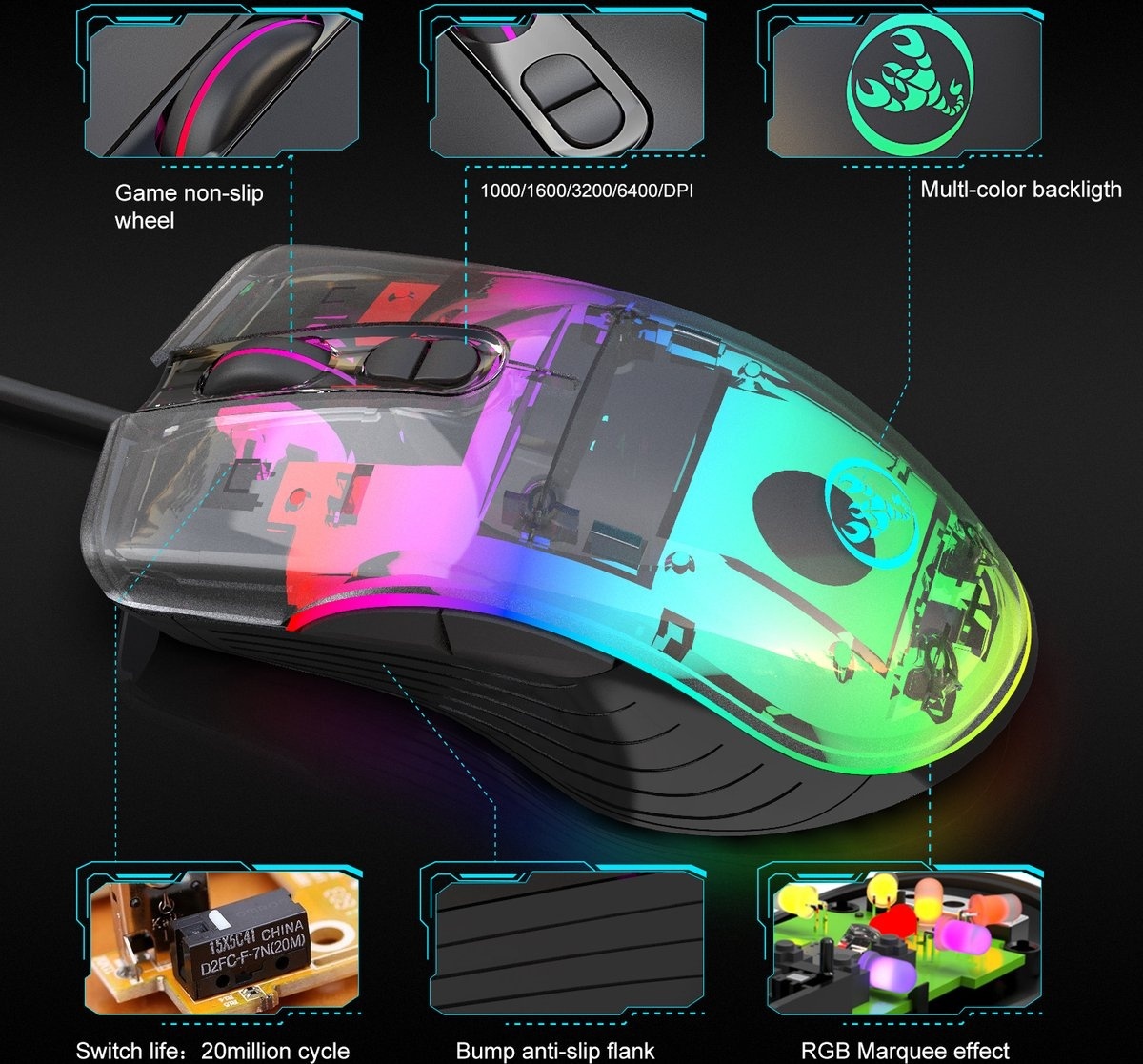 6438092044031 - HXSJ A867 Optische Gaming-Maus - RGB-Beleuchtung - Ergonomie - 8000 DPI - Schwarz 6438092044031 - HXSJ A867 Optische Gaming-Maus - RGB-Beleuchtung - Ergonomie - 8000 DPI - Schwarz