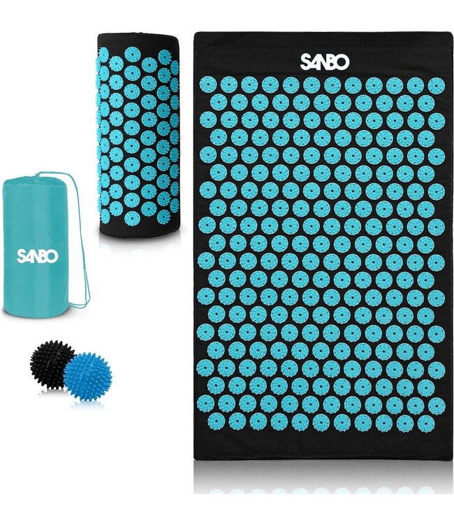 Sanbo Akupressurmatte mit Kissen - Schwarz/Blau - 82x42x2cm - Nagelmatte - Inkl. App & 2x Trigger Point Ball & Tragetasche - Shakti Matte