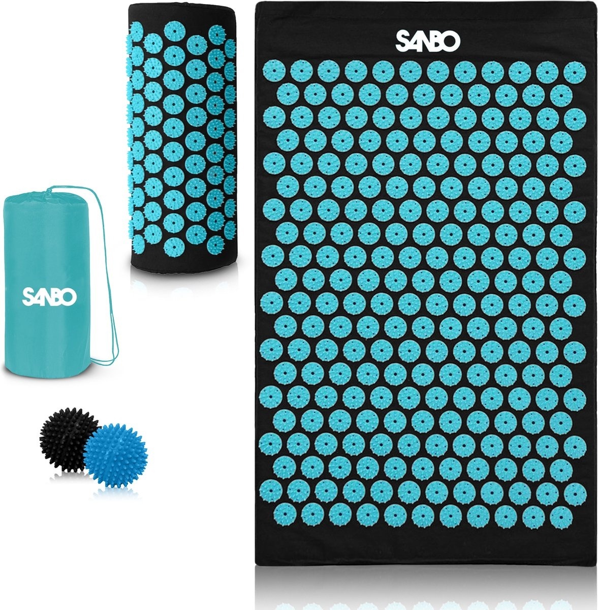 Sanbo Akupressurmatte mit Kissen - Schwarz/Blau - 82x42x2cm - Nagelmatte - Inkl. App & 2x Trigger Point Ball & Tragetasc