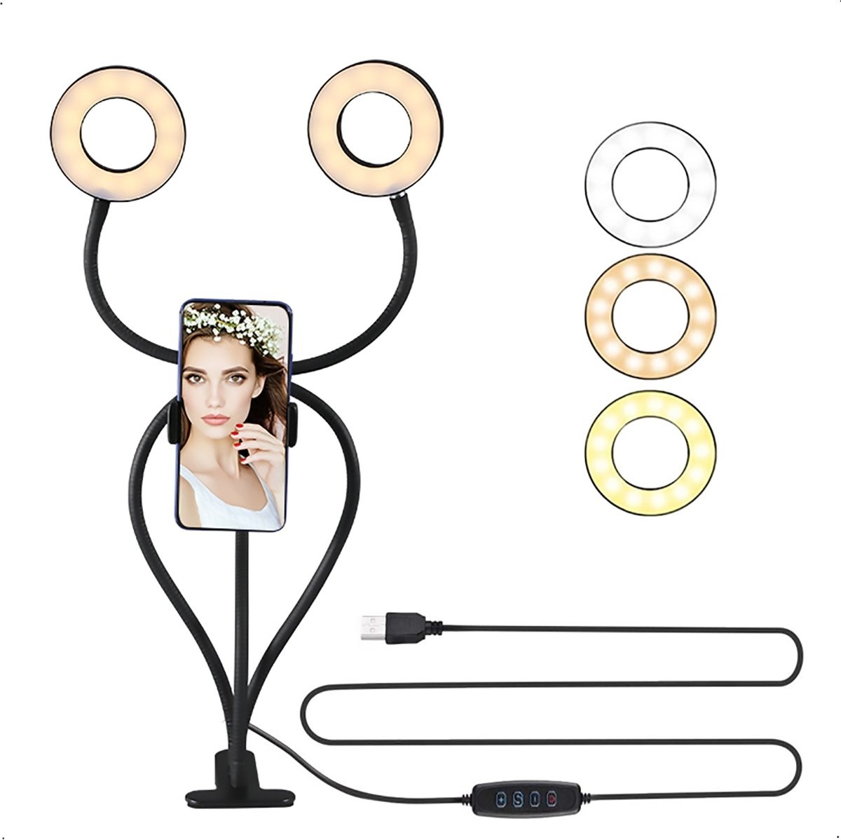 8719327246870 - LED-Ringlampe mit Stativ Smartphone - Doppel-Ringlampe - USB - Schreibtischlampe LED dimmbar - Mit Tischklemme - Ringlicht - 3 Lichtstufen 8719327246870 - LED-Ringlampe mit Stativ Smartphone - Doppel-Ringlampe - USB - Schreibtischlampe LED dimmbar - Mit Tischklemme - Ringlicht - 3 Lichtstufen