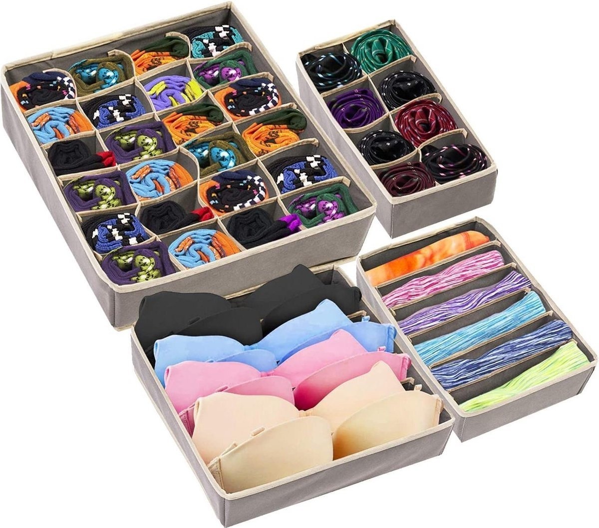 Mode Socken günstig Kaufen-MATANA 4er-Set Schubladenorganisatoren für Kommode oder Kleiderschrank, Schubladenteiler - Faltbare und zusammenklappbare Aufbewahrungsbox für Unterwäsche, BHs, Socken, Wäscheschals - Stabil und hochwertig.. MATANA 4er-Set Schubladenor