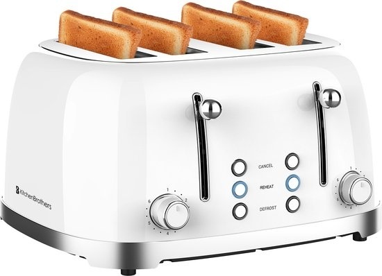 KitchenBrothers Retro-Toaster - 6 Heizstufen - 4 extra breite Schlitze - 1630W - Aufwärm- und Auftaufunktion - Weiß