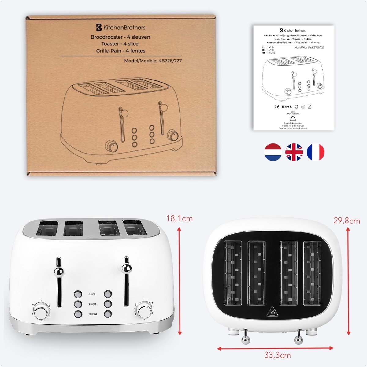 8720195253952 - KitchenBrothers Retro-Toaster - 6 Heizstufen - 4 extra breite Schlitze - 1630W - Aufwärm- und Auftaufunktion - Weiß 8720195253952 - KitchenBrothers Retro-Toaster - 6 Heizstufen - 4 extra breite Schlitze - 1630W - Aufwärm- und Auftaufunktion - Weiß