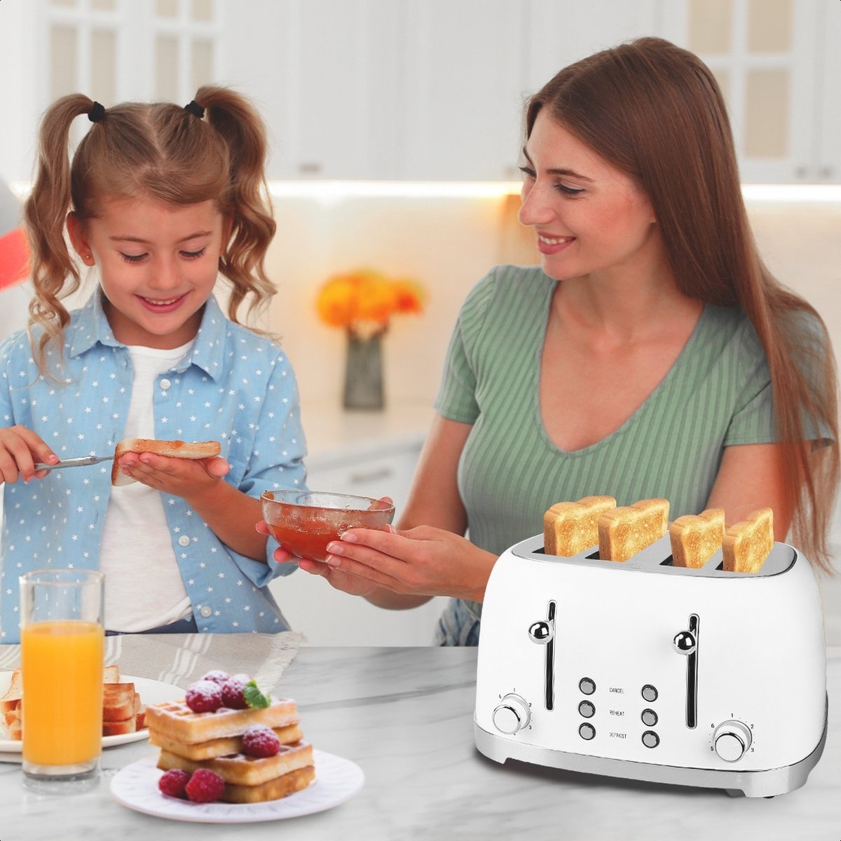8720195253952 - KitchenBrothers Retro-Toaster - 6 Heizstufen - 4 extra breite Schlitze - 1630W - Aufwärm- und Auftaufunktion - Weiß 8720195253952 - KitchenBrothers Retro-Toaster - 6 Heizstufen - 4 extra breite Schlitze - 1630W - Aufwärm- und Auftaufunktion - Weiß