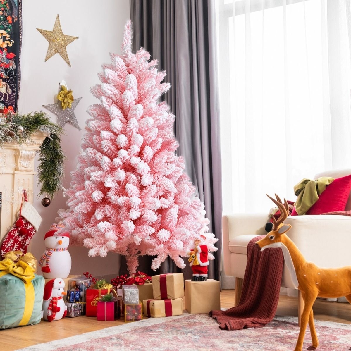 0661706152358 - Costway 180 cm schneebedeckter künstlicher Weihnachtsbaum mit 920 Zweigen und Metallständer rosa
