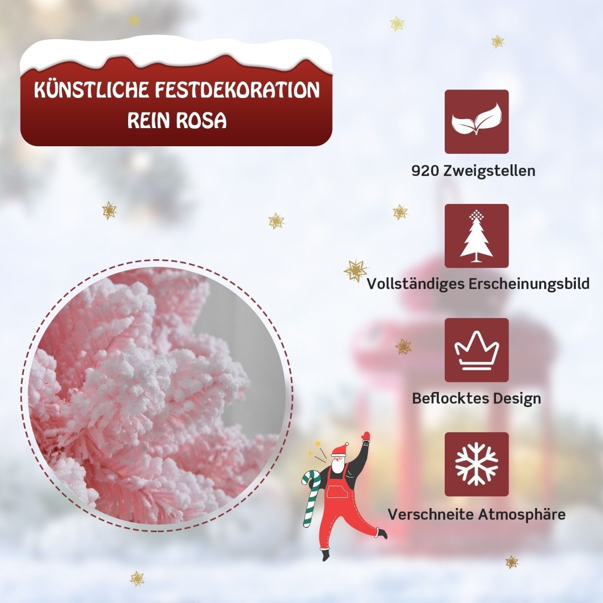 0661706152358 - Costway 180 cm schneebedeckter künstlicher Weihnachtsbaum mit 920 Zweigen und Metallständer rosa