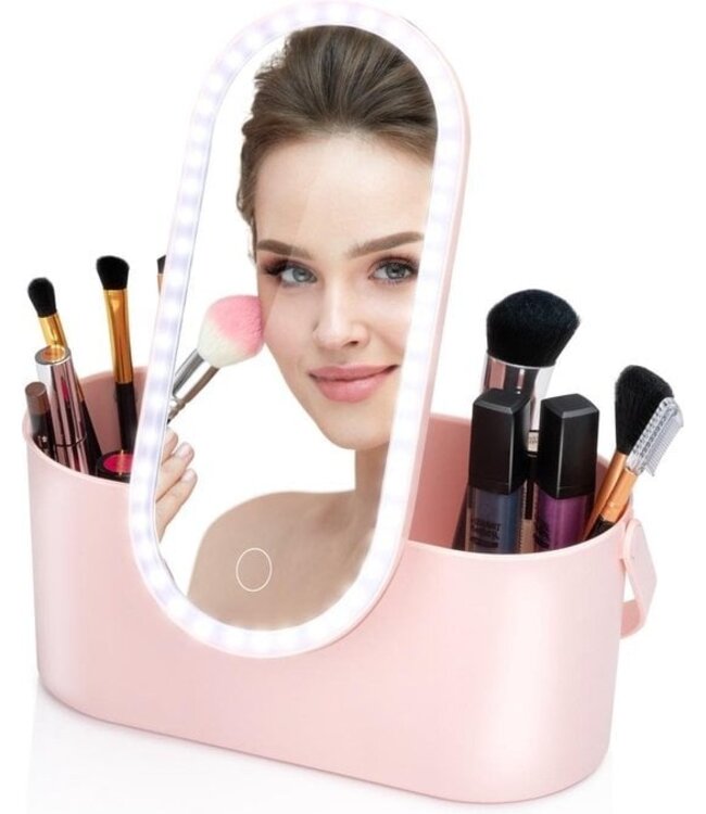 Touch Of Beauty Make Up Organizer mit LED-Spiegel - Travel Beautycase - 24.1 x 10.4 x 11.7CM - Einstellbare LED-Beleuchtung - Inkl. USB-Ladekabel - Kunststoff - Pink