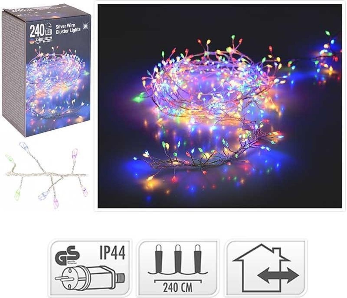 Cluster günstig Kaufen-Silberdraht - Cluster - 240LED - mehrfarbig. Silberdraht - Cluster - 240LED - mehrfarbig <![CDATA[Diese dekorative Lichterkette besteht aus mehreren silbernen Drähten, die Sie nach Belieben miteinander verflechten können. An den flexiblen Silberdrähten