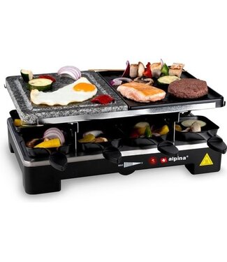 Alpina alpina Elektrogrill WJ-K202A - Tischgrill Elektrisch 1200W - Raclette 8 Personen mit 2 Lagen - mit 8 Pfannen und 8 Spachteln - Antihaftbeschichtung - 3-in-1 Pfannen, Backblech und Steingrill - Schwarz