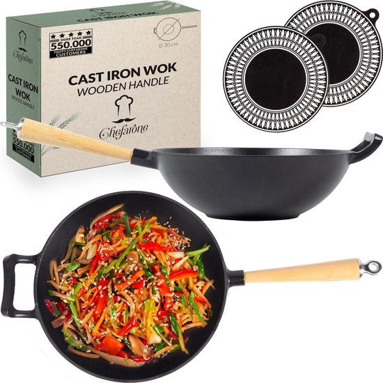 Flacher günstig Kaufen-Chefarone Gusseisen Wok Pfanne 30CM - Wok Set Wok Pfanne Induktion - Antihaft-Emaille-Beschichtung - Backofen geeignet: Abnehmbarer Holzgriff - Bratpfanne aus Gusseisen - Flacher Boden - Wadjan-Alternative - Langlebig / Lebenslanger Gebrauch - Schwarz / H