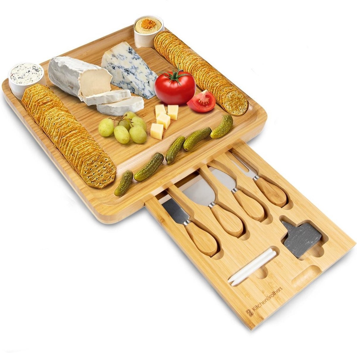 Kit Mit günstig Kaufen-KitchenBrothers Trinkbrett - Tapasbrett - Ausziehbar - Komplettset mit Messern - Bambus. KitchenBrothers Trinkbrett - Tapasbrett - Ausziehbar - Komplettset mit Messern - Bambus <![CDATA[Mit dem kompletten Käseplatten-Set von KitchenBrothers wird jedes Be