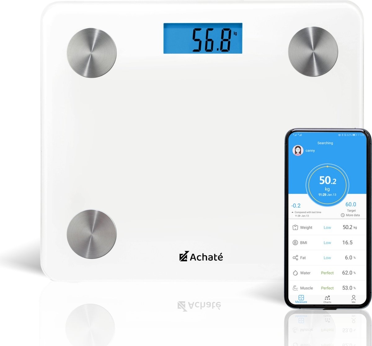 8720387242450 - Smart Scale mit App - 12 Körperanalysen - Intelligente Personenwaage - 8 Benutzer - inkl Batterie - Weiß 8720387242450 - Smart Scale mit App - 12 Körperanalysen - Intelligente Personenwaage - 8 Benutzer - inkl Batterie - Weiß