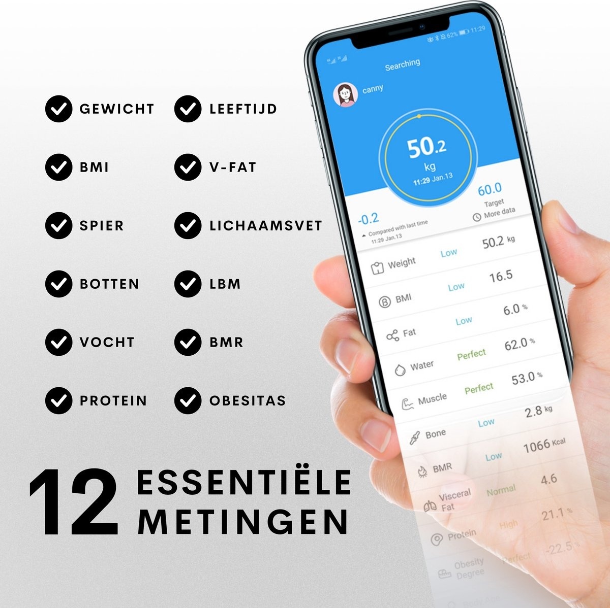 8720387242450 - Smart Scale mit App - 12 Körperanalysen - Intelligente Personenwaage - 8 Benutzer - inkl Batterie - Weiß 8720387242450 - Smart Scale mit App - 12 Körperanalysen - Intelligente Personenwaage - 8 Benutzer - inkl Batterie - Weiß