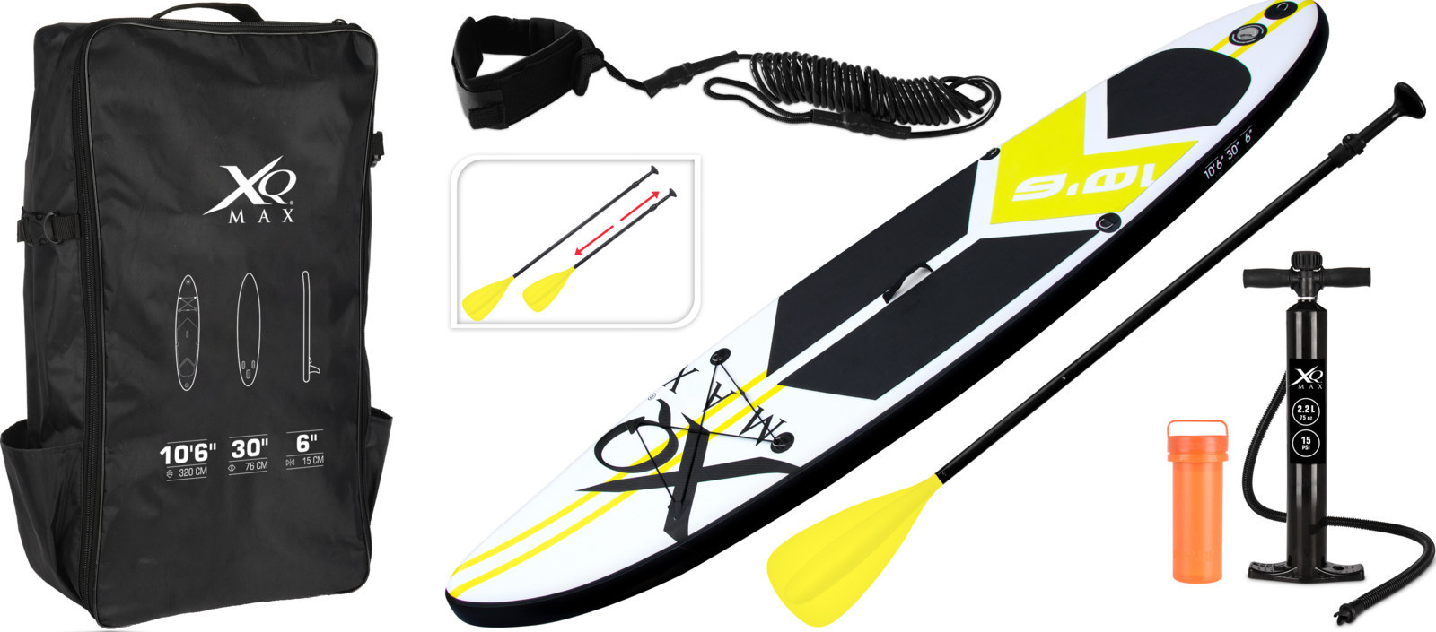 Set Aufblasbares günstig Kaufen-XQ Max - Aufblasbares Stand Up Paddle Board Weiß, Schwarz & Gelb 320 cm bis 150kg Tragkraft - Komplettset SUP Board und Zubehör. XQ Max - Aufblasbares Stand Up Paddle Board Weiß, Schwarz & Gelb 320 cm bis 150kg Tragkraft - Kompletts