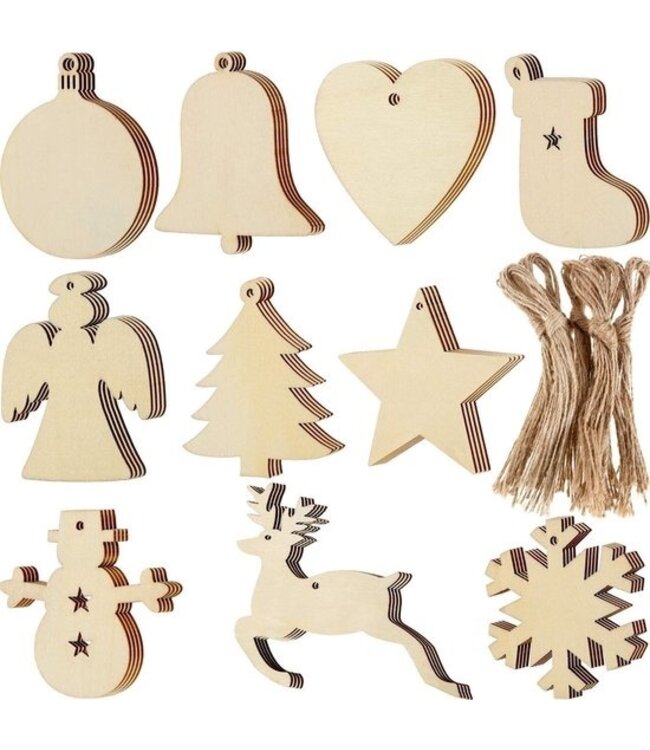 Giftmas Holz-Weihnachtskugeln - Weihnachtsdekoration für drinnen - Holz-Weihnachtskugel - Weihnachten - 10 Formen - ⌀7,5cm - 50 Stück