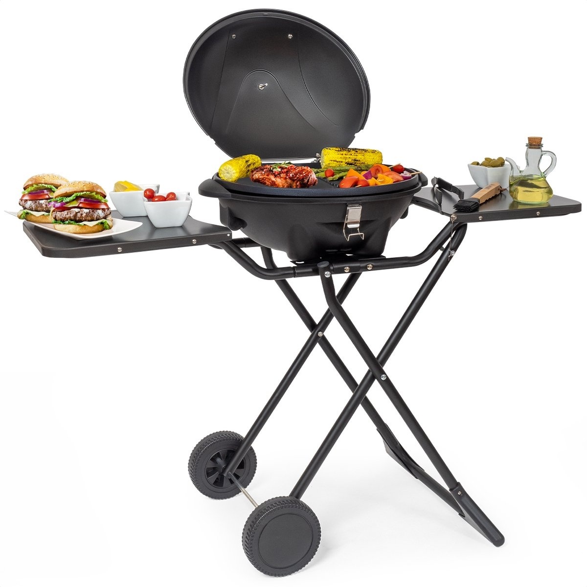 Ablage Schwarz günstig Kaufen-KitchenBrothers Elektrogrill - mit Grillplatte - klappbar mit Rädern - Antihaftbeschichtung - inkl. Ablage/Halterungen - Grillfläche 46,5x33,8cm - bis zu 250°C - 2400W - Schwarz. KitchenBrothers Elektrogrill - mit Grillplatte - klappbar mit