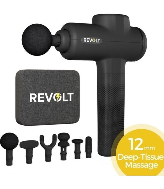 Revolt® Luxus-Massagepistole - extra stark - für die Erholung der Muskeln und bei Verletzungen - hohe Amplitude - 6 verschiedene Geschwindigkeiten - 6 Aufsätze - Luxus-Aufbewahrungskoffer