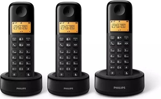 Telefon Y günstig Kaufen-Philips D1603B/01- Schnurloses DECT-Telefon - Rufnummernerkennung - Schwarz. Philips D1603B/01- Schnurloses DECT-Telefon - Rufnummernerkennung - Schwarz <![CDATA[Das Philips D1603B/01 ist ein schnurloses DECT-Telefon mit 3 Mobilteilen, großem Display (4,