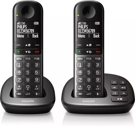 Schnurloses günstig Kaufen-Philips XL4952DS - DECT-Telefon mit Anrufbeantworter - Schnurloses Seniorentelefon mit 2 Hörern - große Tasten, Lautstärkeanhebung und Hörgerätekompatibilität - Schwarz. Philips XL4952DS - DECT-Telefon mit Anrufbeantworter - 