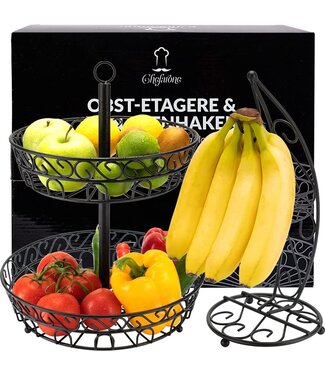 Chefarone Chefarone Obst-Etagere mit Bananenständer - Obstkorb - Bananenhalter - Obstschale - Gemüsekorb - 2 Schichten - Metall - Schwarz