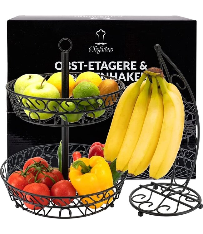 Chefarone Obst-Etagere mit Bananenständer - Obstkorb - Bananenhalter - Obstschale - Gemüsekorb - 2 Schichten - Metall - Schwarz