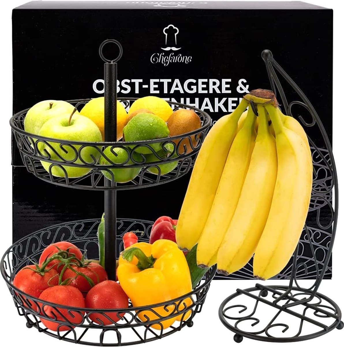 Chefarone Obst-Etagere mit Bananenständer - Obstkorb - Bananenhalter - Obstschale - Gemüsekorb - 2 Schichten - Metall - 