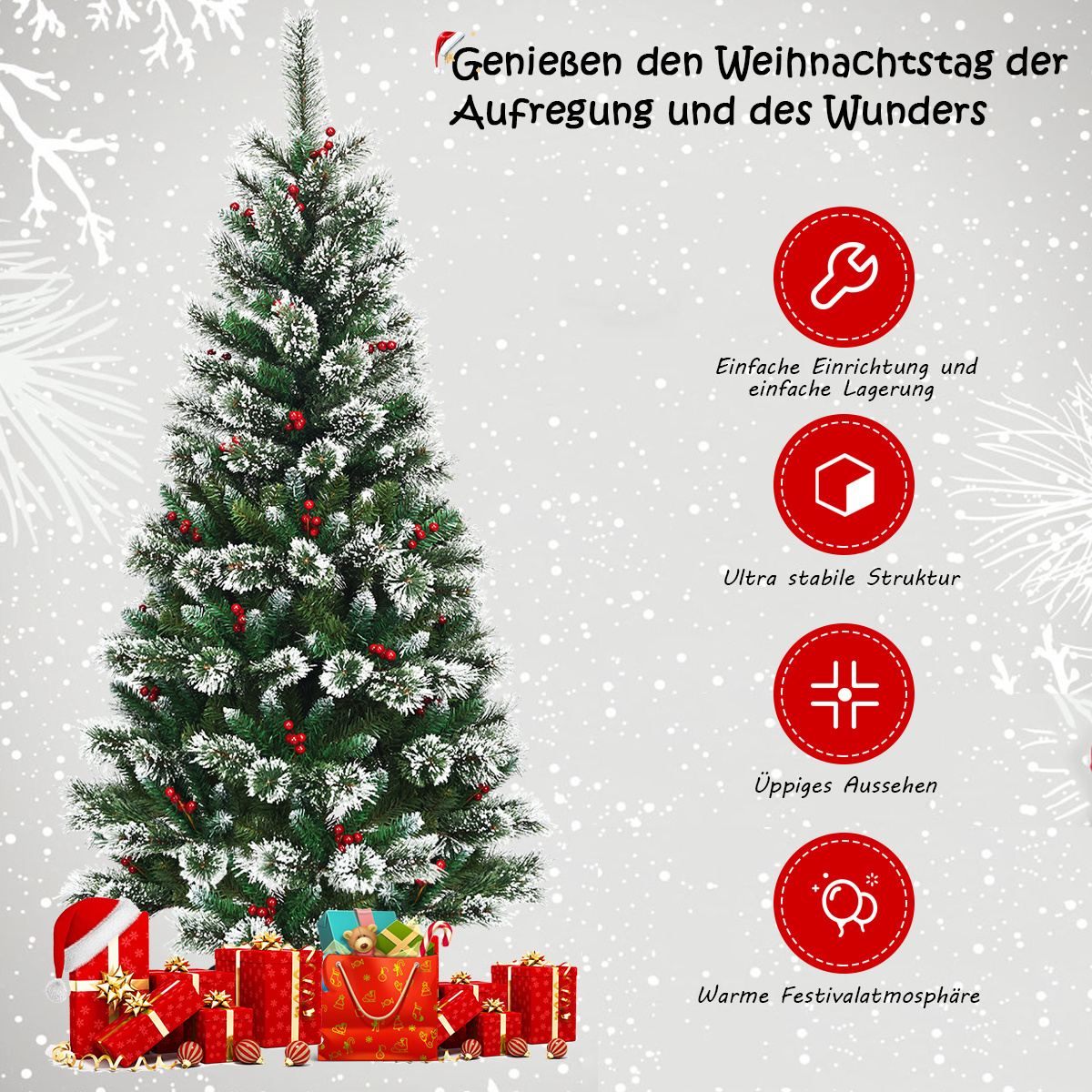 0736542231090 - 180 cm künstlicher Weihnachtsbaum mit Schneeflocken roten Beeren und Tannenzapfen grün 0736542231090 - 180 cm künstlicher Weihnachtsbaum mit Schneeflocken roten Beeren und Tannenzapfen grün