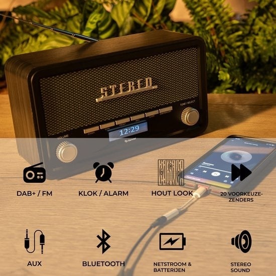 5706751054792 - DAB Radio - Modell 2023 - Retro-Radio - Bluetooth - DAB+  FM - dimmbar - Batterien & Netz - DAB18 - Dunkelgrau